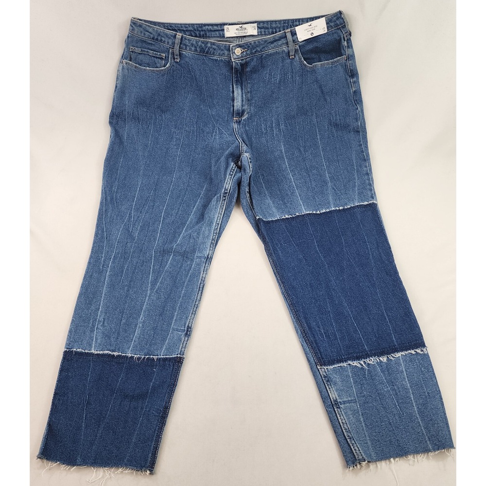 Hollister Curvy High Rise Mom Jeans Blue Patchwork Stretch W35 L29 21L NEW